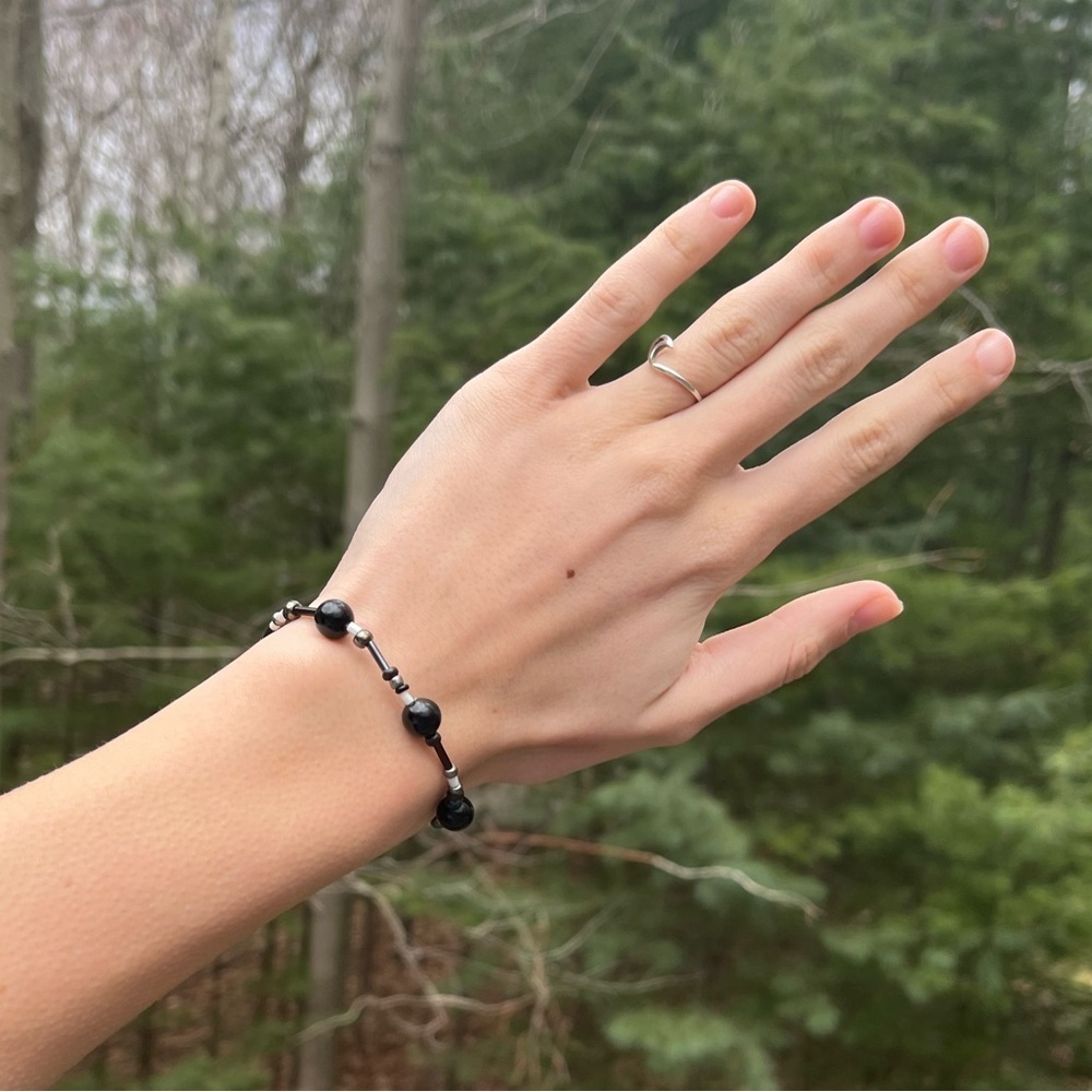 Handmade wax string black beaded bracelet - Picture 2 of 5
